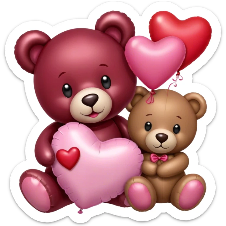 maroon love letter, three metallic pink heart-shaped balloons and red kisses and love teddy bear sticker