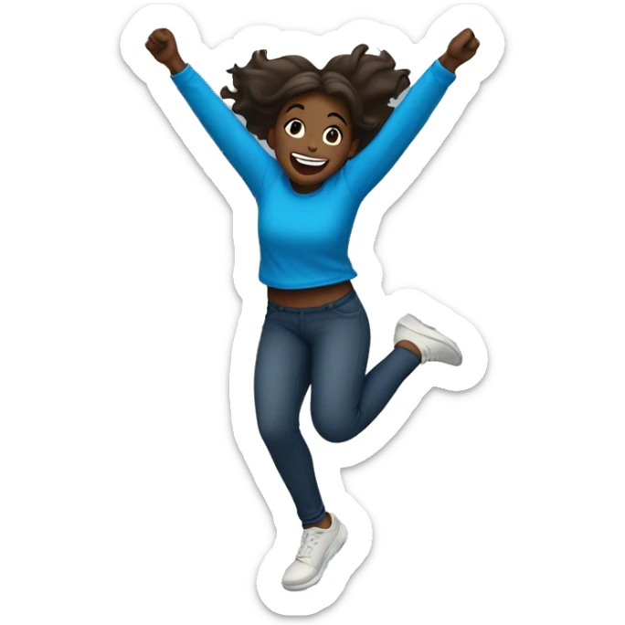 Girl of the back jumping in celebration, light dark skin and blue t-shirt  sticker