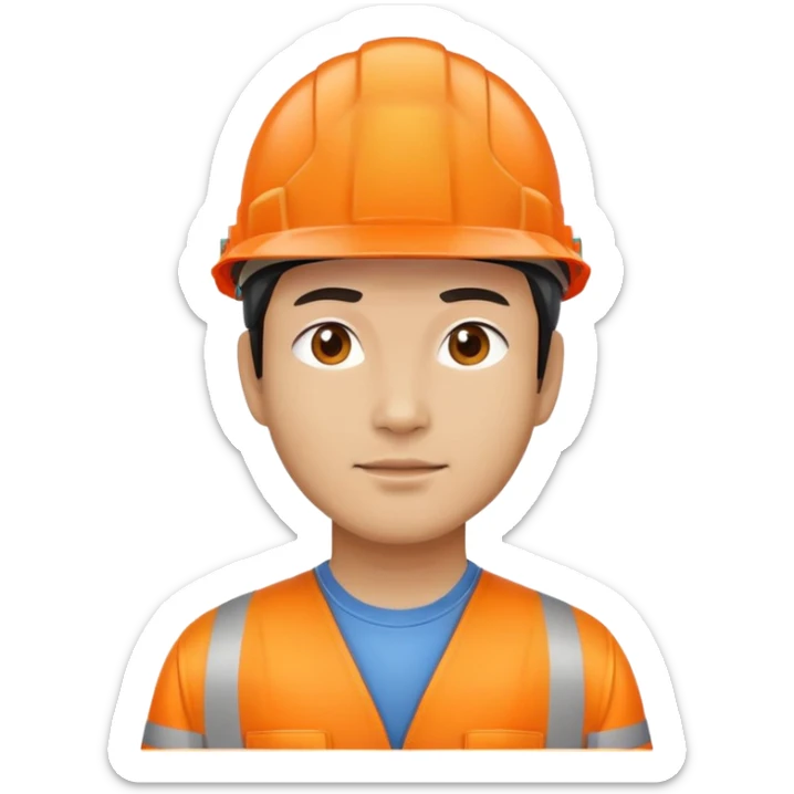 Man of Chinese appearance wearing an orange safety helmet sticker
