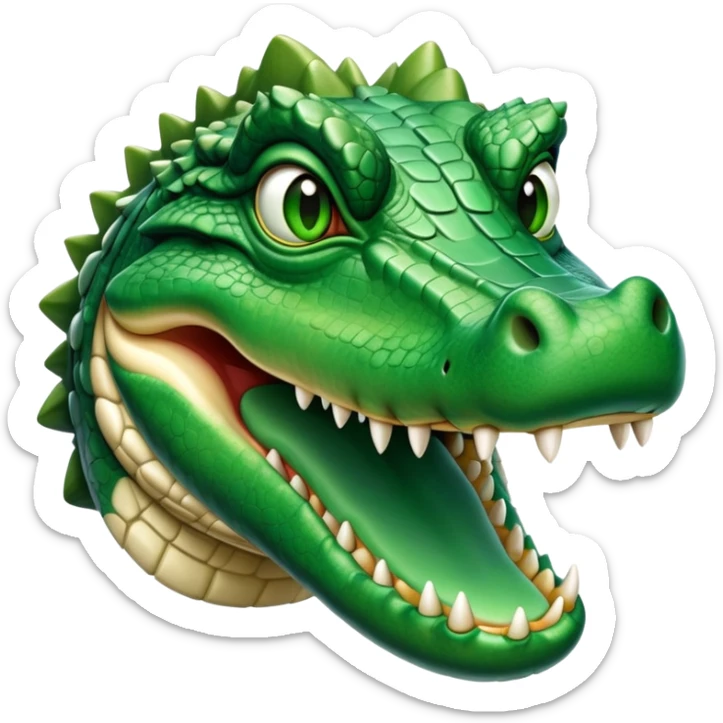 cinematic-noble-crocodile-portrait-emoji,-poised-and-regal,-with-a-powerful,-elongated-build-and-a-rugged,-scaly-emerald-green-hide,-piercing-cold-eyes,-simplified-yet-sharp-and-sophisticated-features,-highly-detailed,-glowing, head held high sticker