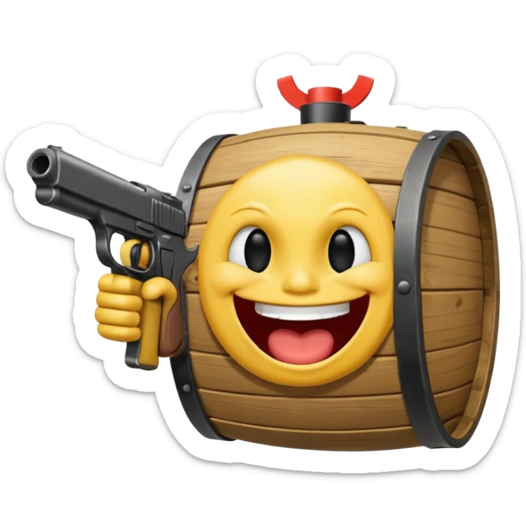 Yellow laughing face pointing gun at its own mount. The barrel of the gun is pointed towards the smile into the mouth sticker