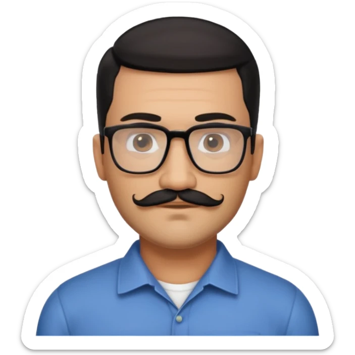 Attractive Hispanic TV host in his mid to late 40s with light brown skin, short straight black hair slicked back with fade on sides, square handsome face with strong jawline, friendly approachable expression, black beard and moustache, wearing glasses sticker