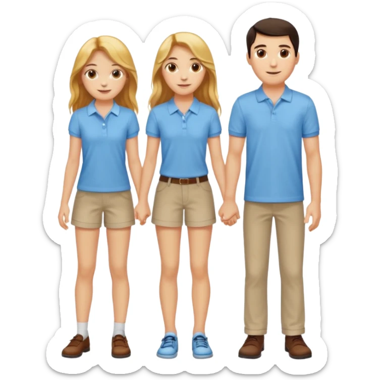 full-length happy couple, girl with long golden hair and hazel eyes in summer outfit, boy with dark hair in light blue polo sticker
