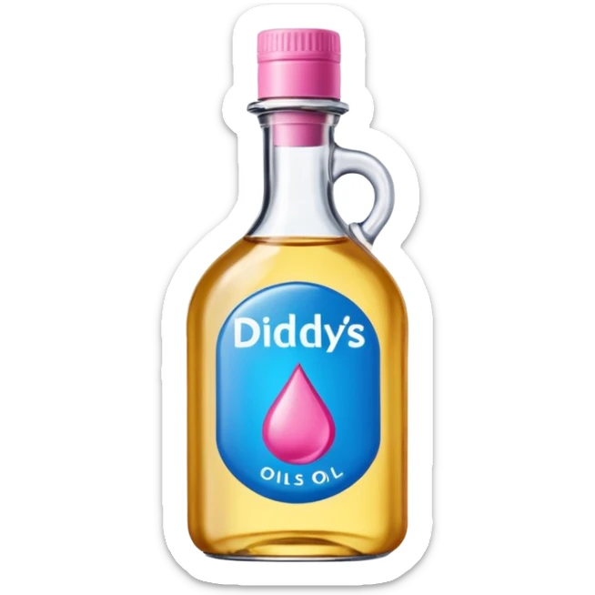 bottle of oil blue top pink outside with logo that says Diddys Oil sticker