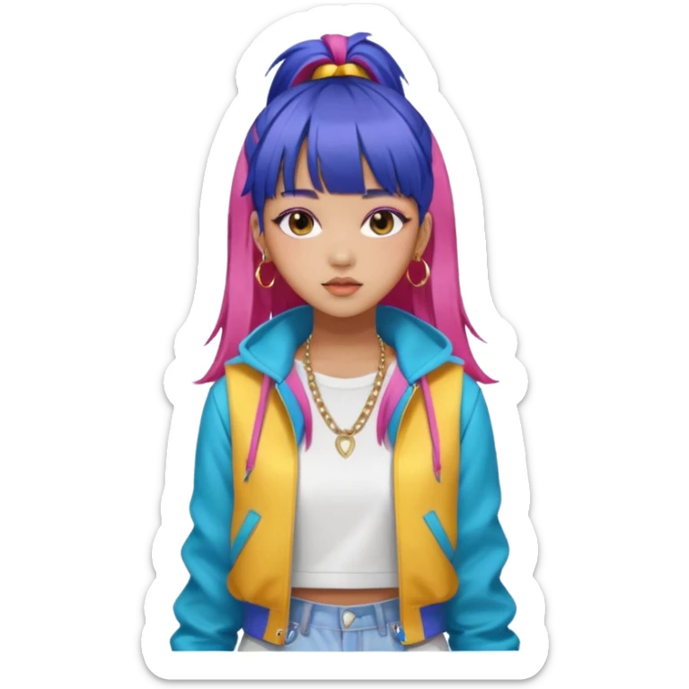 Portrait of a young female K-pop idol, wearing a stylish streetwear outfit with layered clothing and bold accessories, colorful dyed hair with bangs, confident expression, soft lighting, front-facing, energetic and glamorous vibe sticker