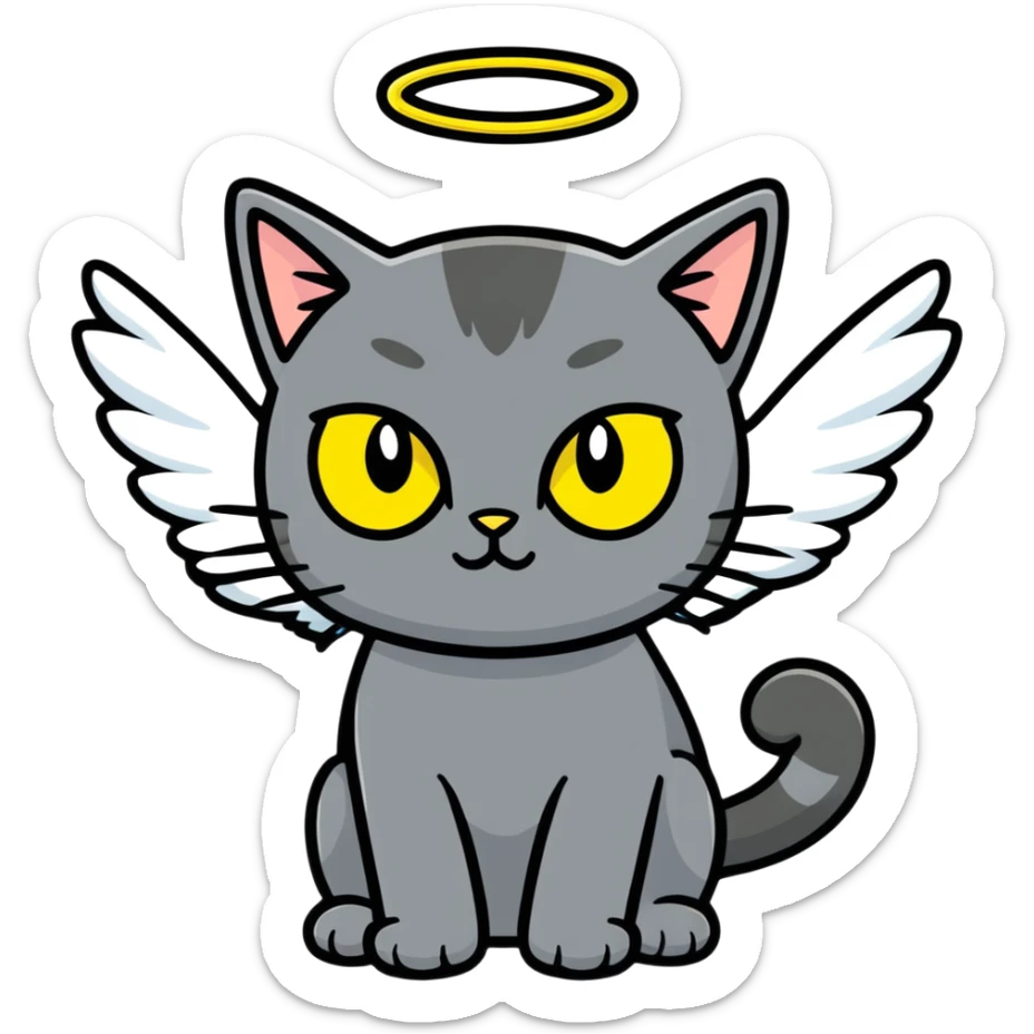 Dark gray cat with greenish-yellow eyes and angel wings  sticker