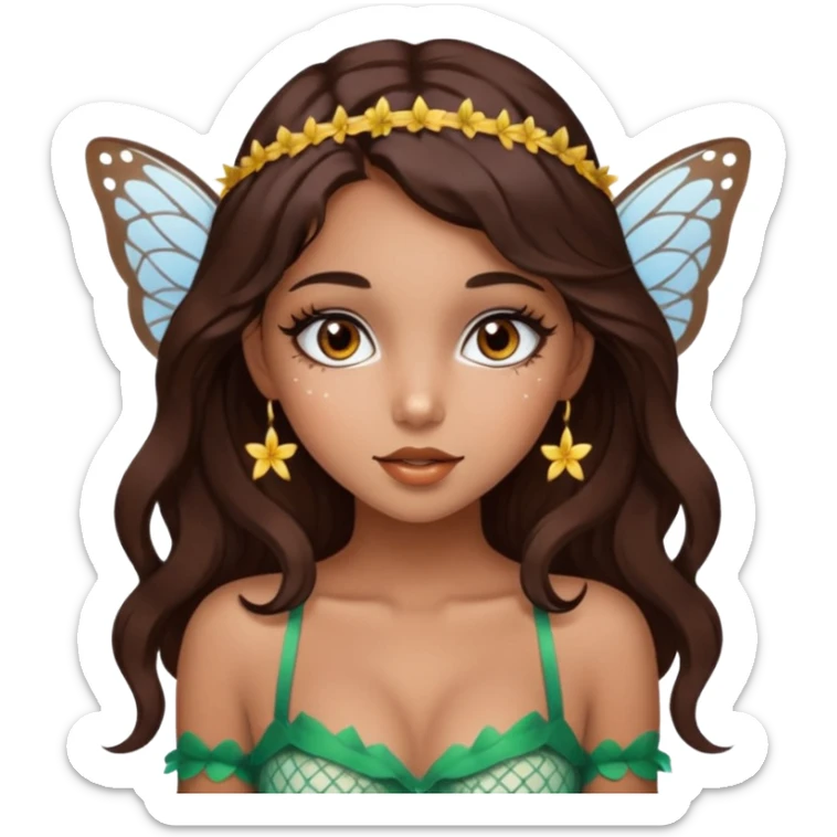 Pretty girl with caramel skin. Dark brown hair and brown eyes. She has freckles. Wearing sexy makeup. Wearing a fairy costume with white fishnet tights and tall heels sticker
