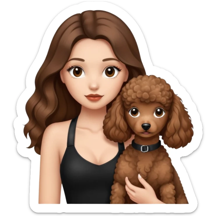 girl with long brown balayage hair and long lashes, wearing black halterneck top, and holding a brown poodle sticker