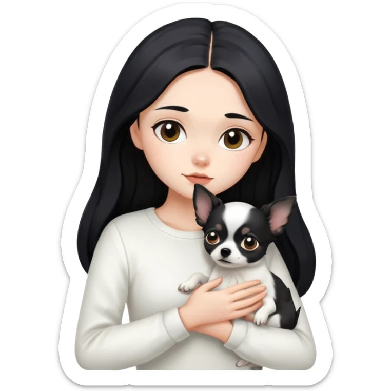 A girl with fair skin, long black hair, white clothes, gently, with her head tilted, holding a black Chihuahua tightly in her hands sticker