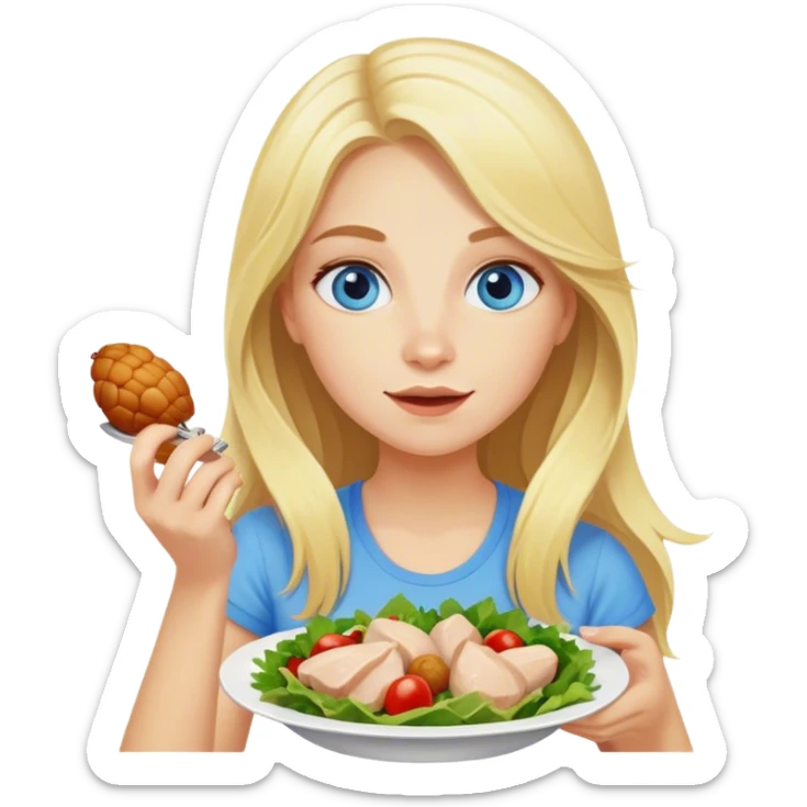 blonde girl with long hair and blue eyes eats salad and eats chicken sticker