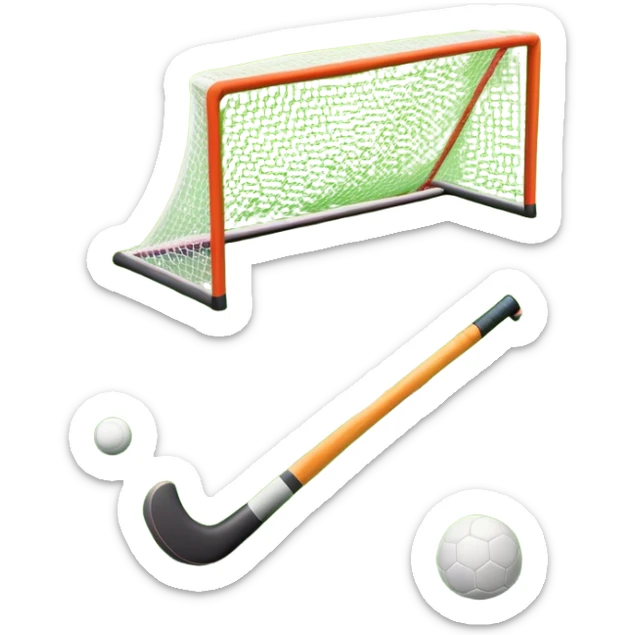 A field hockey stick and ball on a vibrant green grass field, with goalposts and clear field markings in the background. The scene emphasizes the bright, lush grass, highlighting the fast-paced and strategic nature of hockey on a well-maintained pitch. sticker