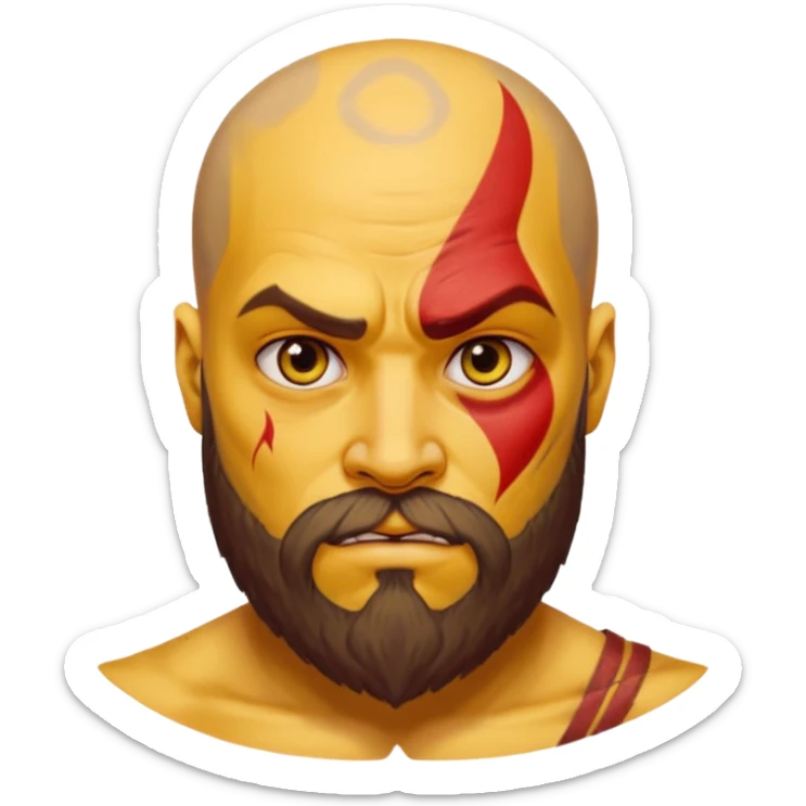 yellow emoji version of Kratos, round yellow face, signature red tattoo, beard, intense eyes, classic emoji look sticker