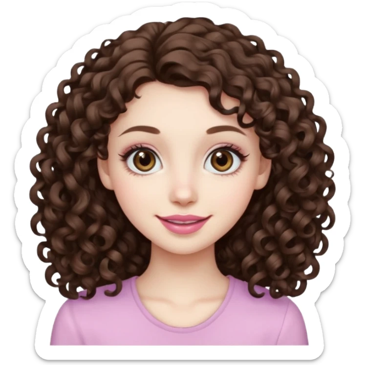 Light brown eyed female with pale skin. She has big eyes, curly and long dark brown hair and thin lips smiling. sticker