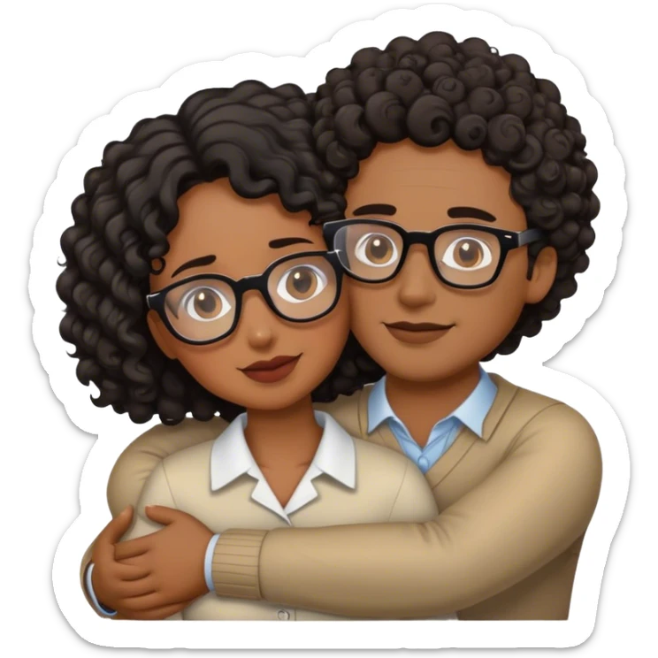 Brown woman with curly hair hugging white man with brown hair and glasses sticker