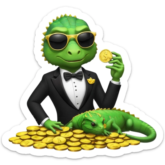 capitalist iguana banker in tuxedo and black sunglasses lying comfortly on coins sticker