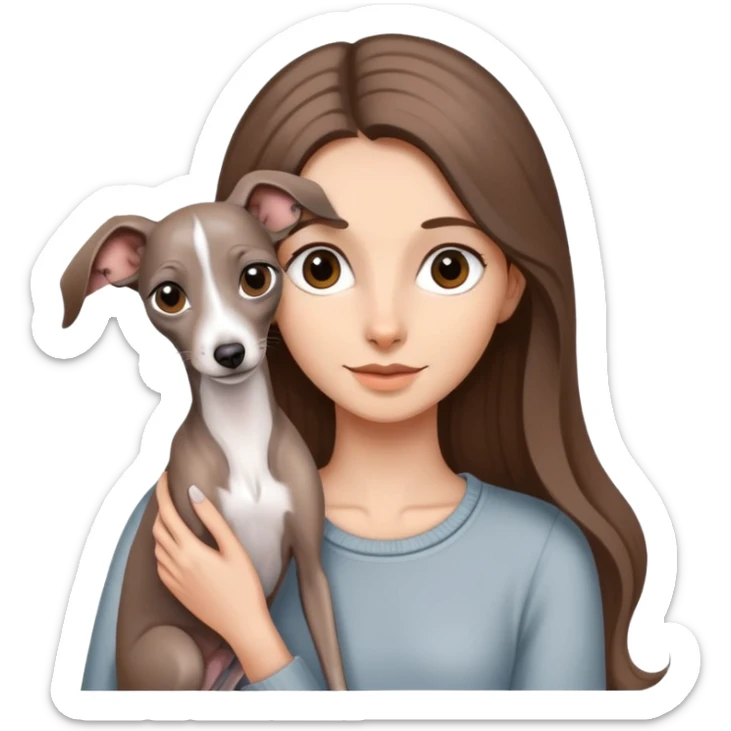 A girl with long brown hair holding a gray Italian Greyhound sticker