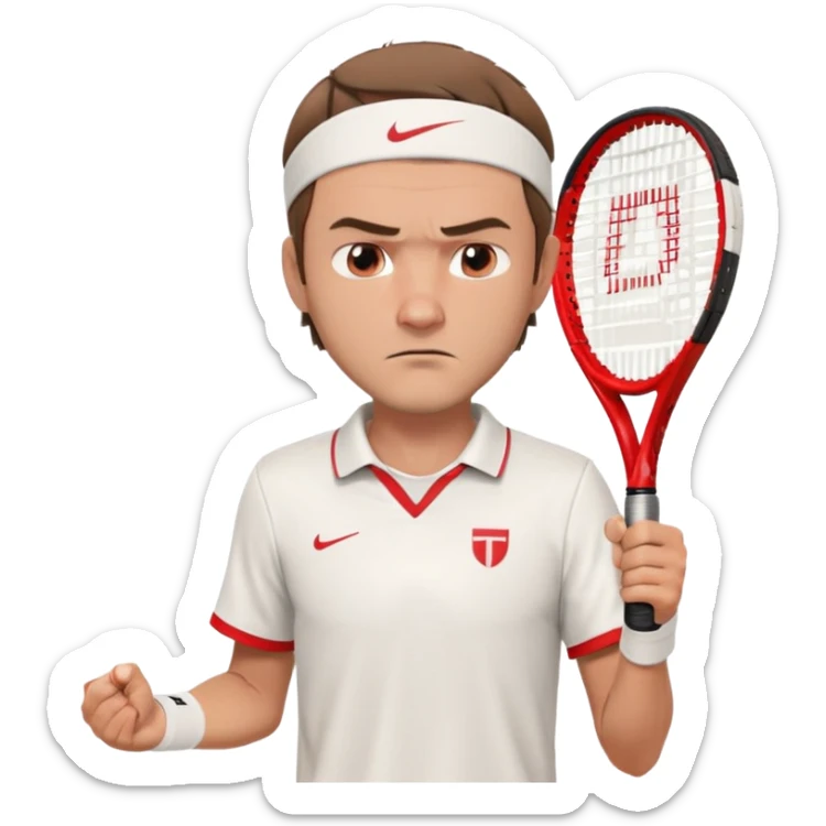 A 3D cartoon-style illustration of a male tennis player resembling Daniil Medvedev. He is wearing a white tennis shirt with a small logo, a white wristband, and holding a red and white tennis racket. His expression is serious and focused. He has short brown hair and a headband with a small red logo. The style is similar to an Apple emoji or Memoji character – clean, high-quality, slightly exaggerated facial features, and polished rendering. White background.
 sticker