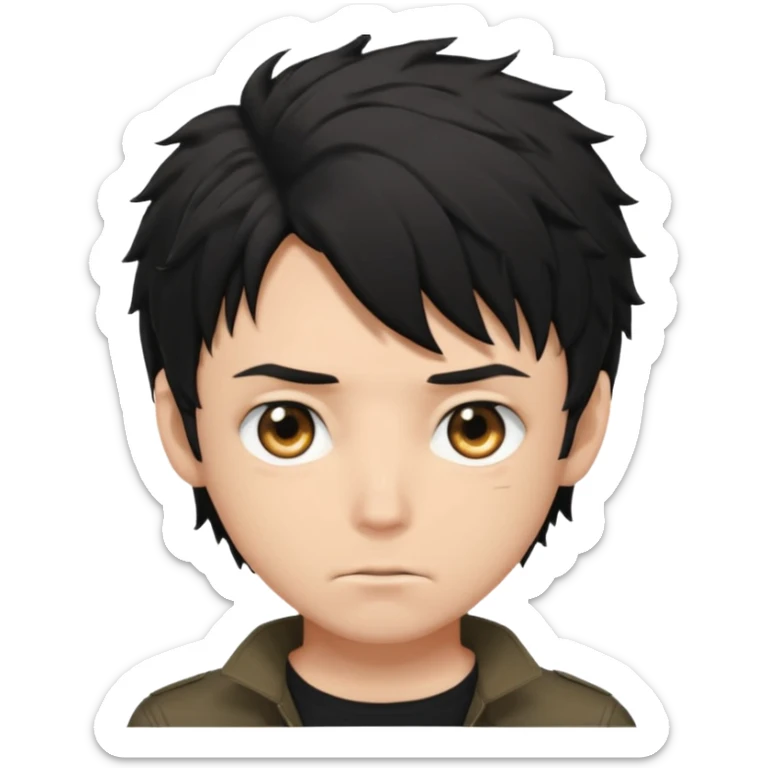 White male, black messy anime hair in his eyes, black shirt, black hunter eyes, hot  sticker