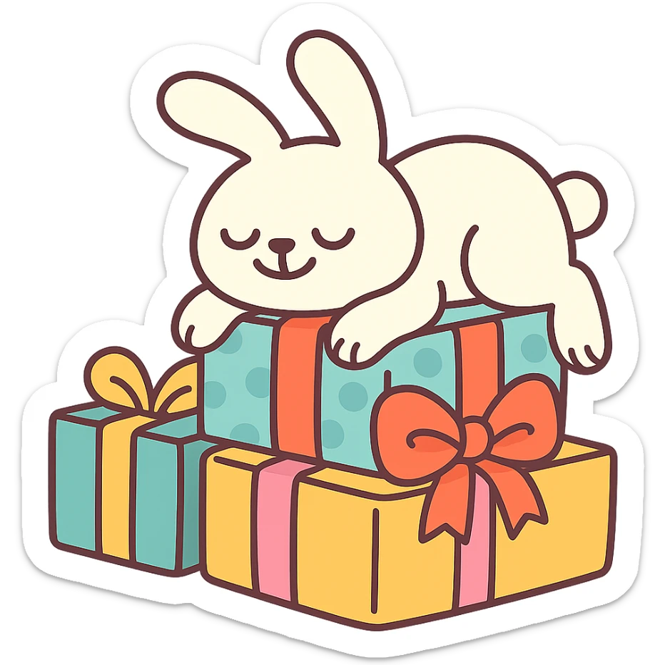 bunny lying on birthday gifts, sleepy and happy smile eyes, pastel-toon style sticker
