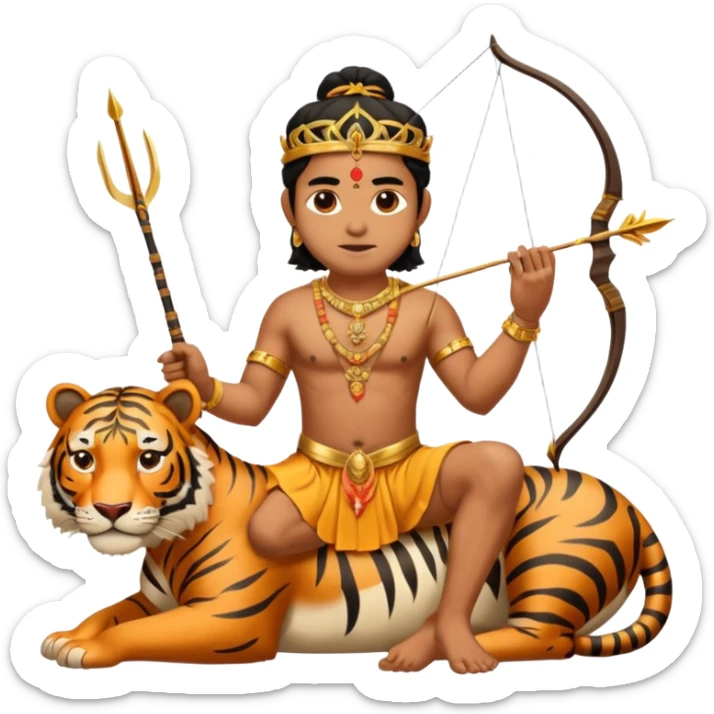Ayyappa sitting on tiger with bow and arrow and wearing a gold and king dress sticker