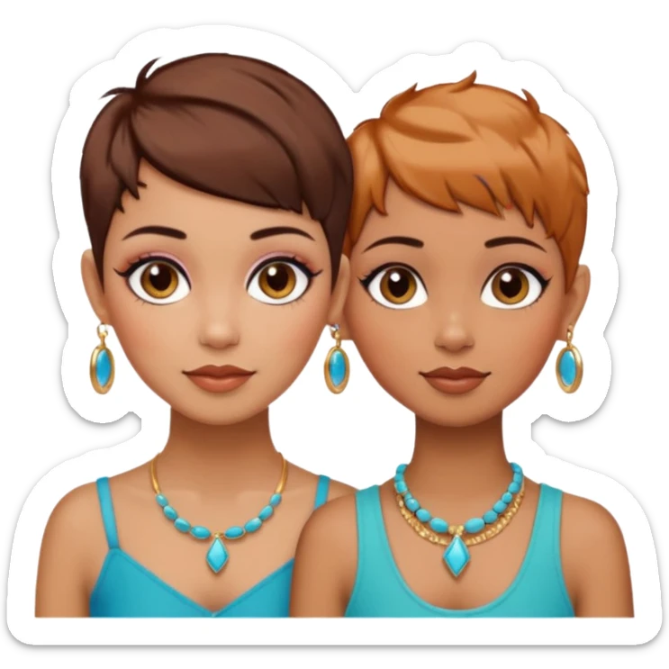 Puerto Rican fair skin straight brown pixie cut hair with hoop earrings make up and my best friend caramel colored pixie cut with jewelry and makeup on her face besties side-by-side sticker