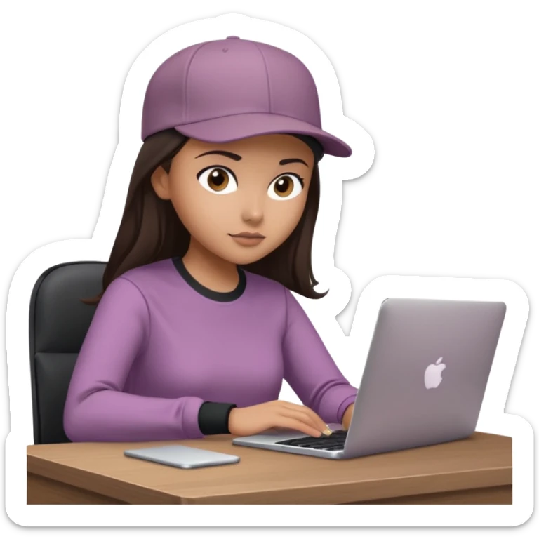 A professional 3D avatar of a young woman with olive skin and long, dark brown hair, wearing a dark, long-sleeved mauve taupe shirt and a black baseball cap. She's sitting at a sleek wooden desk, typing and looking at a silver MacBook.  sticker