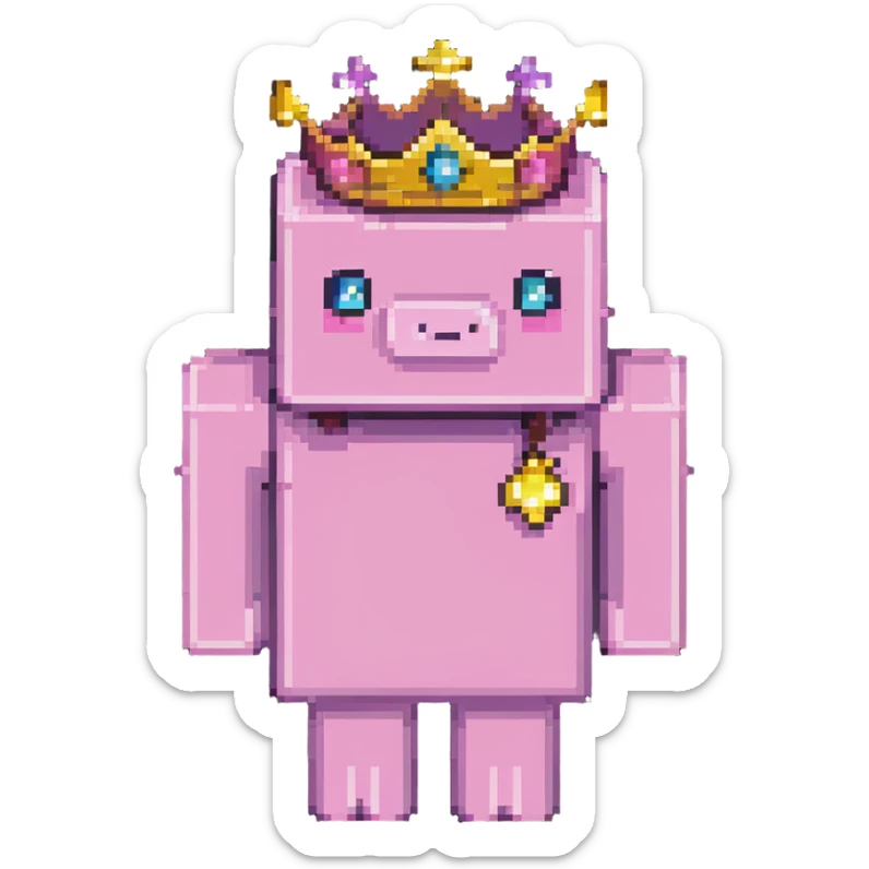 minecraft pig full body pink blocky animal with square head wearing a crown sticker