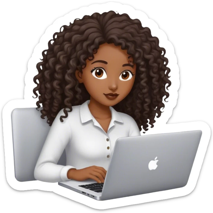 Black girl pretty with long curly hair  black trying to work on laptop  sticker