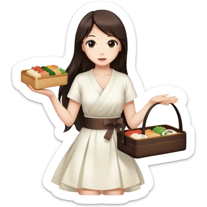 Beautiful woman in 1950’s woman fashion look, white dress, long dark brown hair, Japanese bento sticker