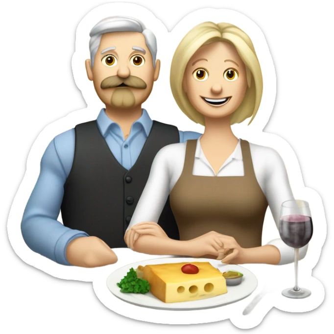 Repas raclette et deux verres de vin blanc en couple 50 ans, femme blonde cheveux aux-dessus des épaules homme petite barbe et moustache grisonnantes et cheveux bruns sticker