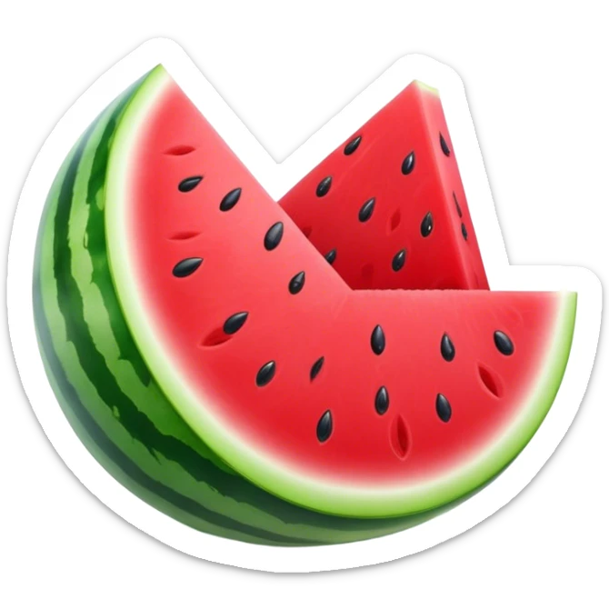 Cinematic juicy watermelon, thick slices revealing vibrant red interior, glossy and glistening with tiny black seeds, fresh and refreshing, soft glowing background, summer vibes. sticker