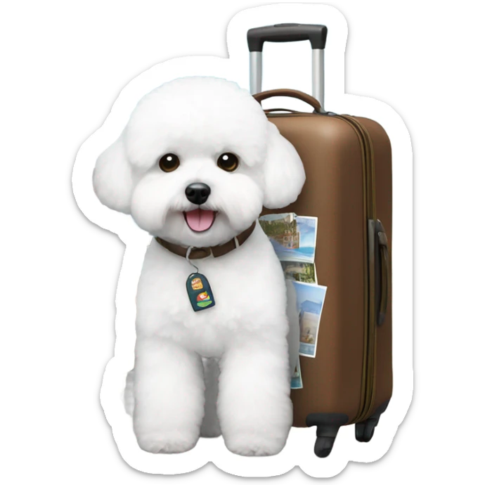 A world traveler, Bichon Frise, with a suitcase filled with iconic places stickers on the suitcase  sticker