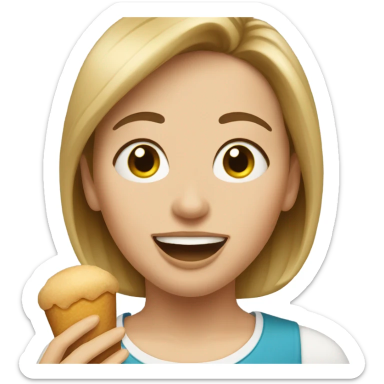 Short mom with blond/brown hair brown hair eating  sticker