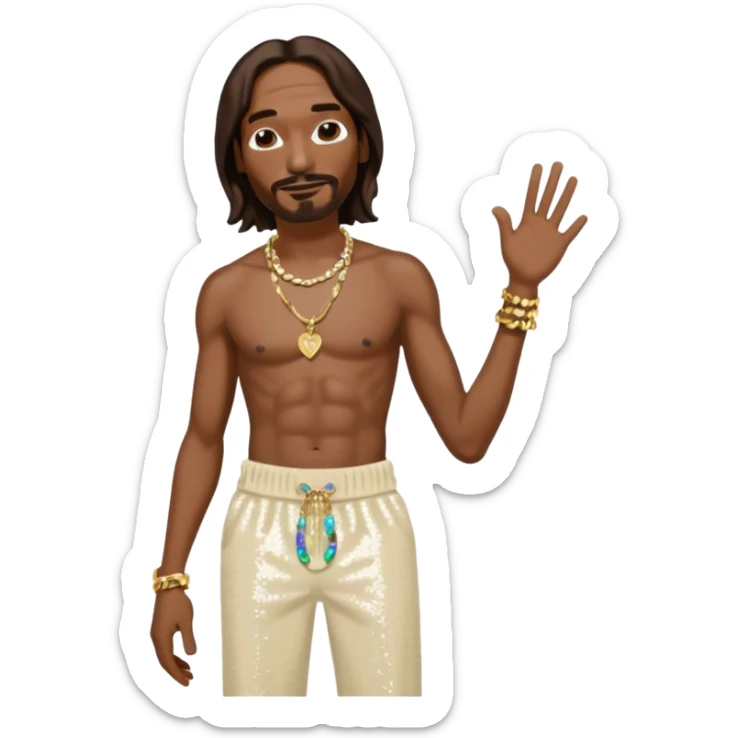 Snoop Dogg with long dark brown hair, cream sequin baggy pants, shirtless with necklace sticker