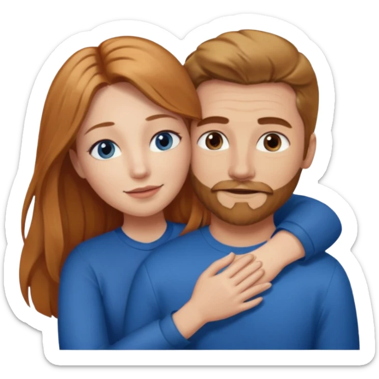 girlfriend with long dark strawberry blonde hair middle part with brown eyes giving hug to man with blue eyes, dark blonde hair and facial hair sticker