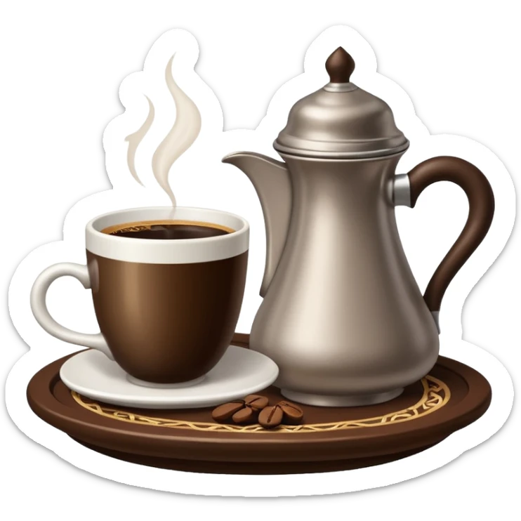 a cup of Saudi coffee with traditional dallah pot next to the cup sticker