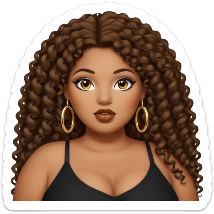 big plus size, darker tan skin, gold hoops, long dark brown curly hair, baddie,pretty, makeup, lipgloss, black eyeliner, long hair, black top sticker
