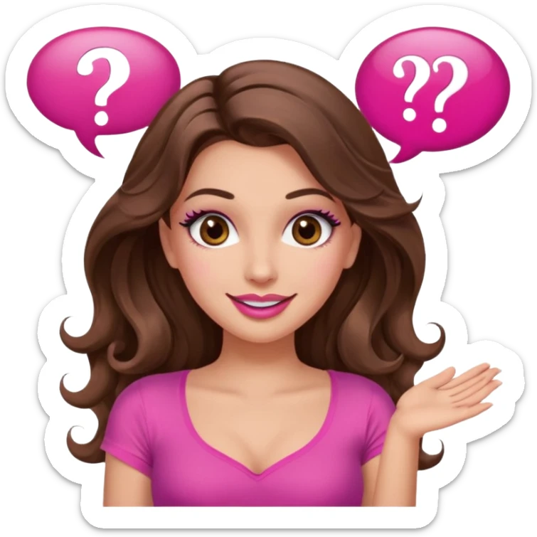 girl with long wavy brown hair, brown eyes, long lashes makeup, sexy pink lips, light to medium complexion, wearing a pink sexy top, shugging, smiling, question mark one speech bubble sticker