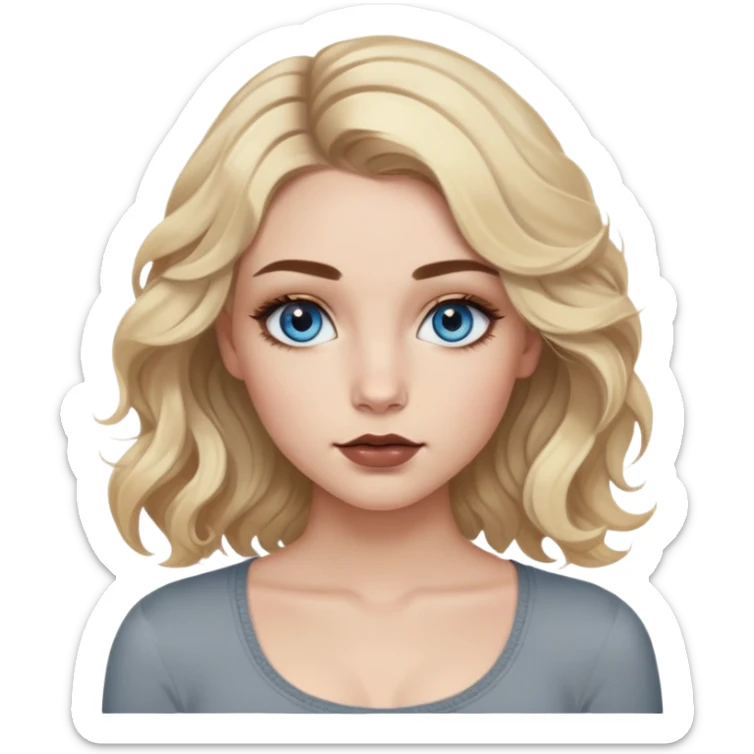 Girl with blue eyes. Blonde wavy hair with dark brown growths down to her chest. Natural eyebrows with the same color as the growths. Painted eyelashes and lips lined with brown liner. With a gray long-sleeved crop top. sticker