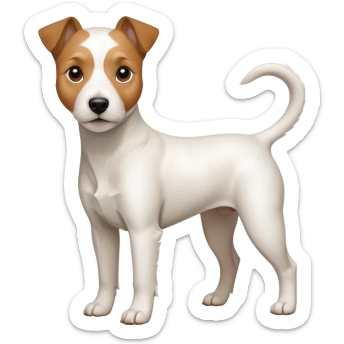 a full body white parson russell looking dog the size of a kelpie with light brown ears and a light brown patch on one eye and a large snout sticker