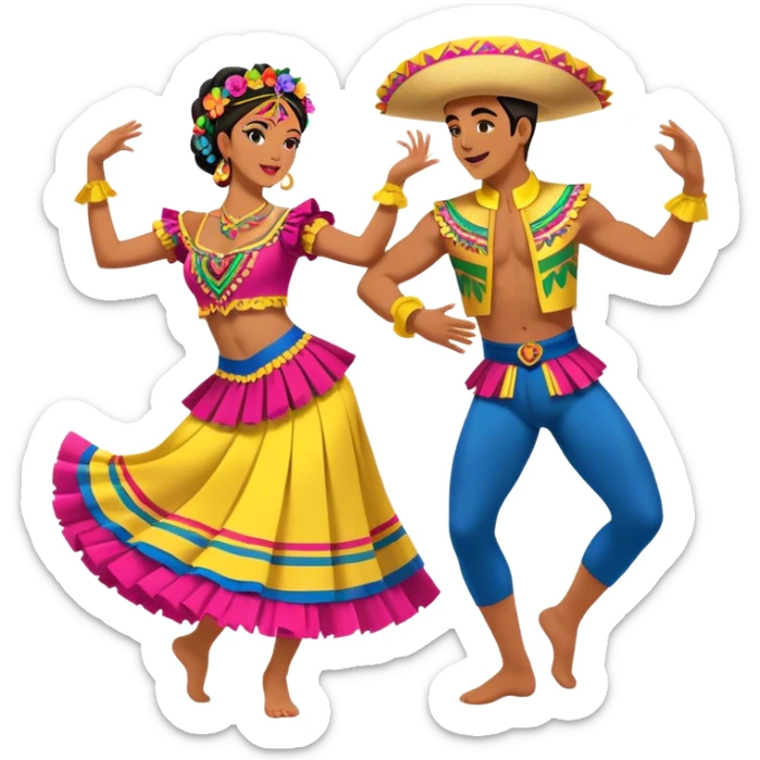 Cinematic Realistic scene of two dancers performing Cumbia, adorned in colorful traditional Colombian costumes with intricate details, captured in rhythmic motion with lively, festive lighting sticker