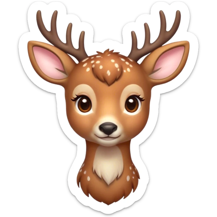 Cinematic Cute Deer Portrait Emoji, Head tilted playfully and inquisitively, showcasing a delicate Fur speckled with subtle white spots and gentle earth tones, round, sparkling eyes filled with curious wonder, Simplified yet irresistibly adorable features, highly detailed, glowing with a warm, friendly glow, high shine, affectionate and graceful, stylized with a touch of woodland whimsy, bright and endearing, soft glowing outline, capturing the essence of a mischievous yet loving fawn, so playful it feels like it could skip out of the screen into your arms! sticker