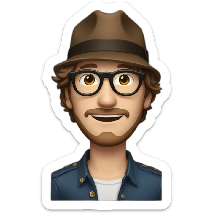 Realistic white man with golden glasses, blue eyes, and brown hair in the style of the Beatles,20 years old, no bear, with a cowboy hat sticker
