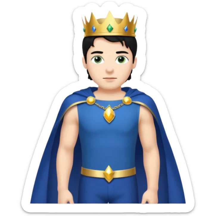 Prince with crown, blue cape and trousers, body and legs, black hair, blue eyes, woman blonde hair, green eyes, sexy white short sleveless dress,  sticker