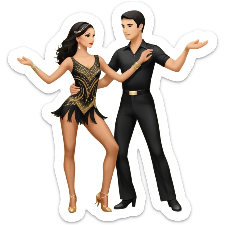 Photorealistic dancesport professional latin couple dancing the samba at the competition dancefloor, the women is in skinny short sparkly dress, the man is in black shirt and black classic pants, the women has brown long hair, the man has short black hair, the man hold woman's hand  sticker