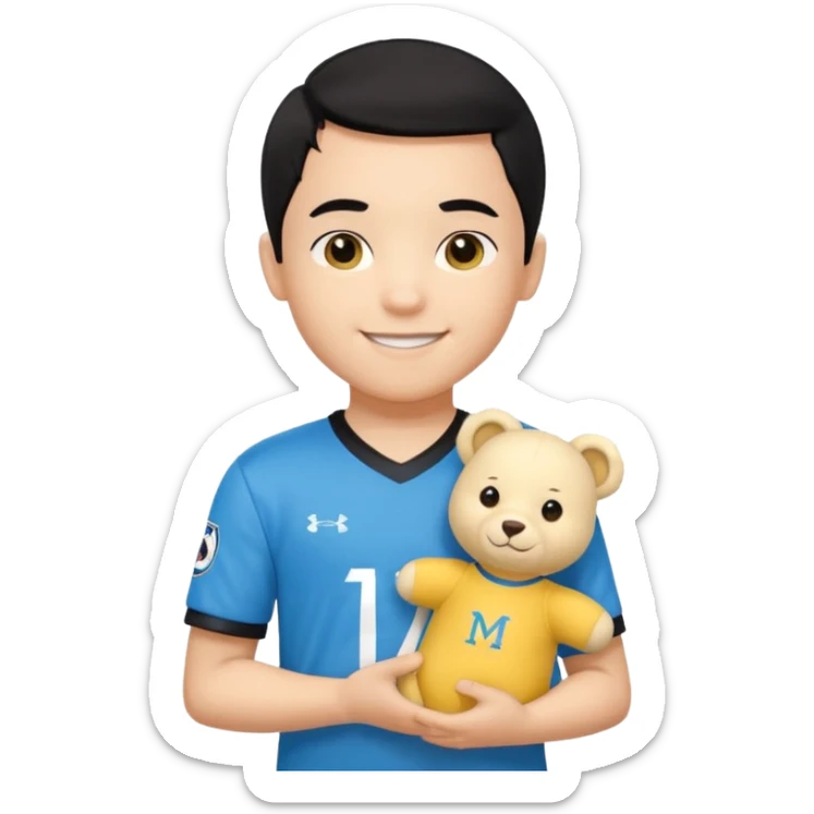 Un enfant qui a les cheveux noir sur le coter qui sourit il a un maillot de l’om et qui a un petit doudou jaune sur son epaule sticker