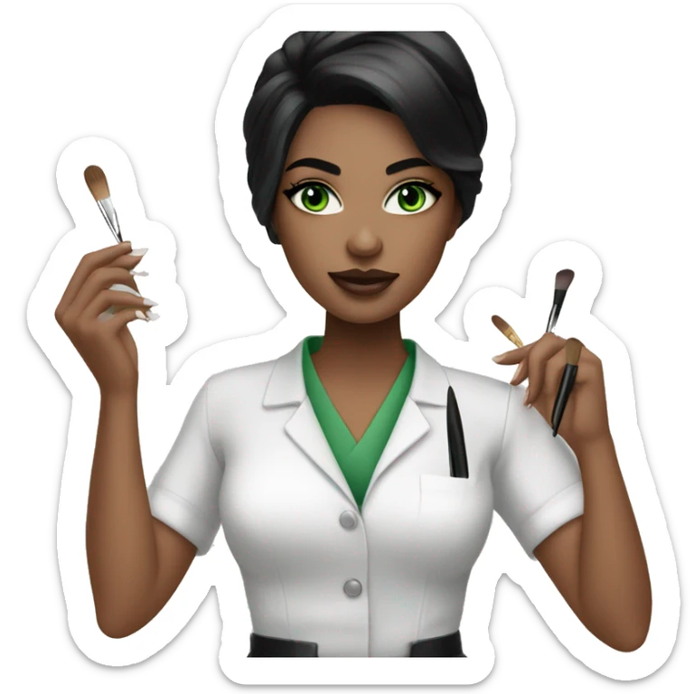 Makeup artist girl black hair green eyes white skin with a brash in her hand sticker