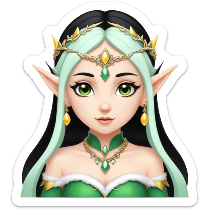 Elf princess with pointy ears, white skin, black hair with jewelry, emoji sticker