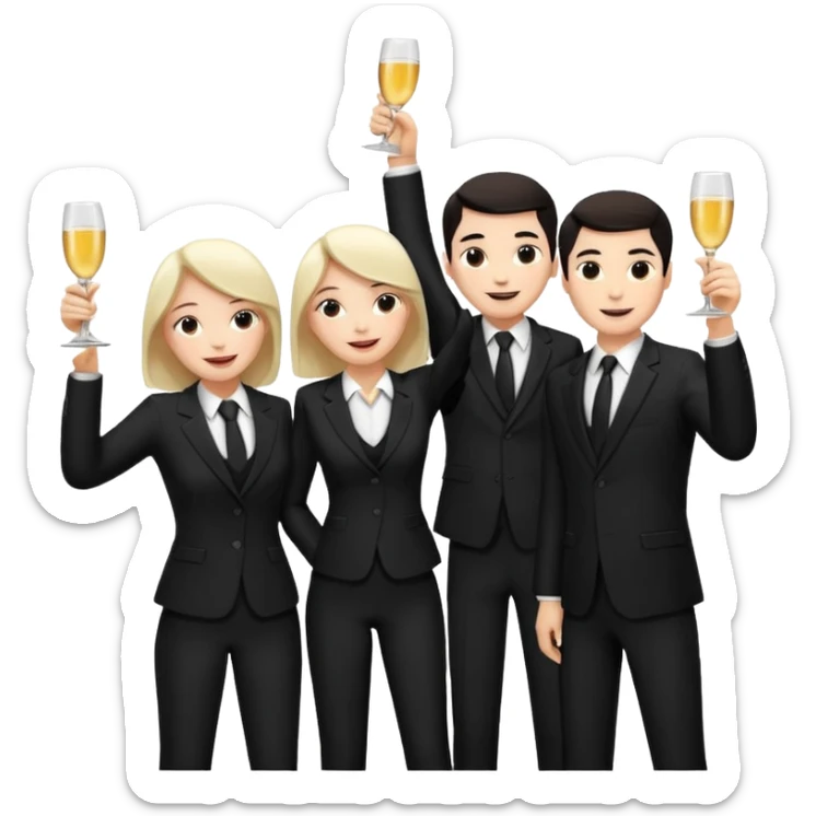 Un equipo de venta con trajes negros, personas blancas solo 3 celebrando un logro con un brindis. El fondo negro totalmente  sticker