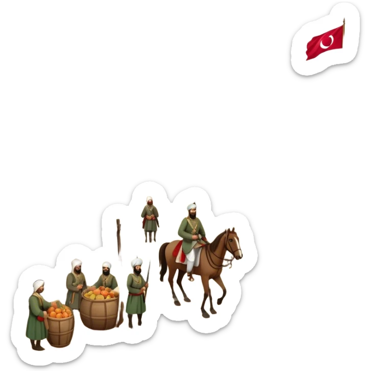 Early Ottoman settlement being built. Wooden houses, tents, and a small market. People in traditional Ottoman clothes, soldiers on horseback, and a flag waving sticker
